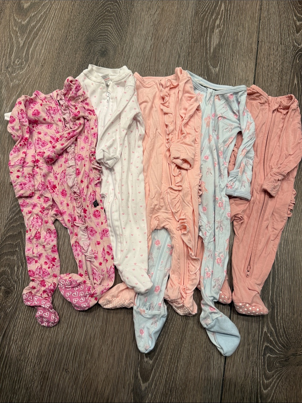 Angel Dear Pink, Light Blue, and Peach Floral Ruffle Footed One-Pieces